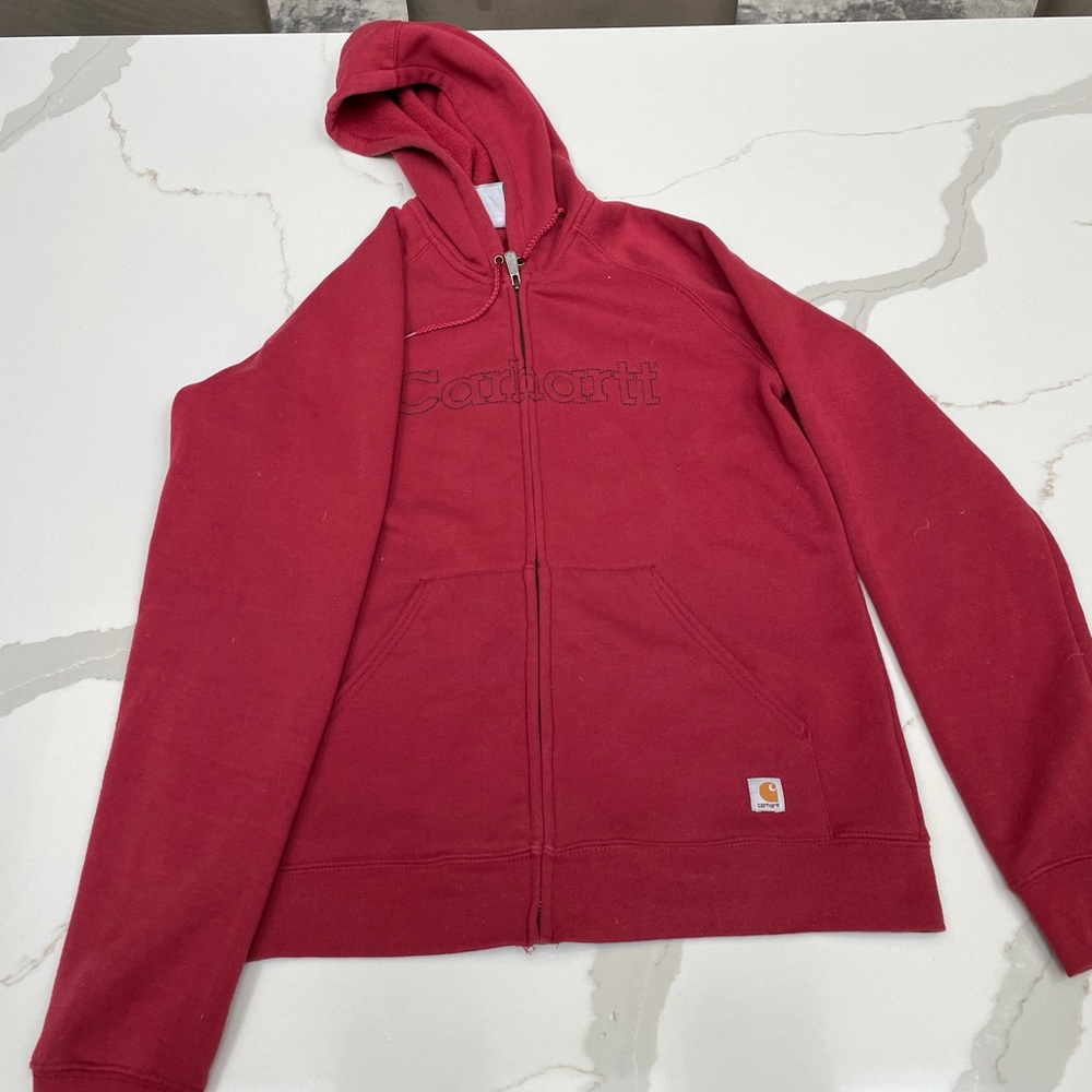 Retro Carhartt Women's Medium Red Hoodie Logo Stitched EUC